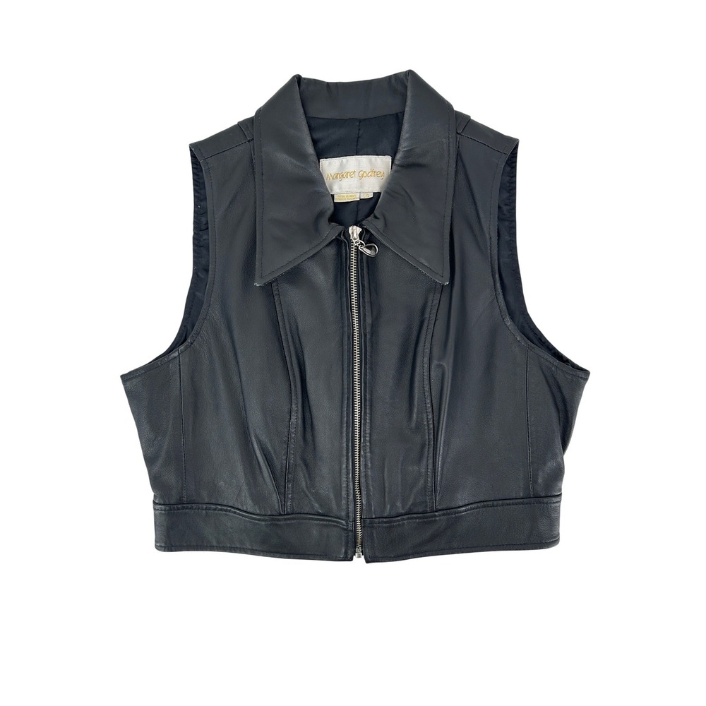 Margaret Godfrey Black Leather Cropped Vest Zip Up Sleeveless moto rocker punk‎